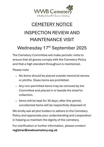 INSPECTION REVIEW AND MAINTENANCE VISIT - Wednesday 17th September 2025